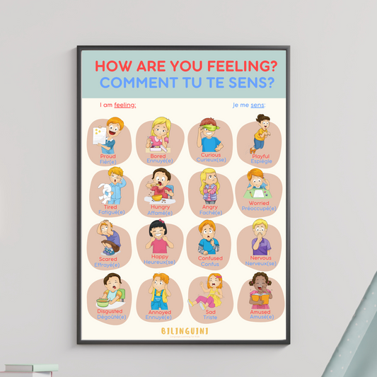 Framed poster for kids to identify emotions for bilingual Montessori babies and toddlers