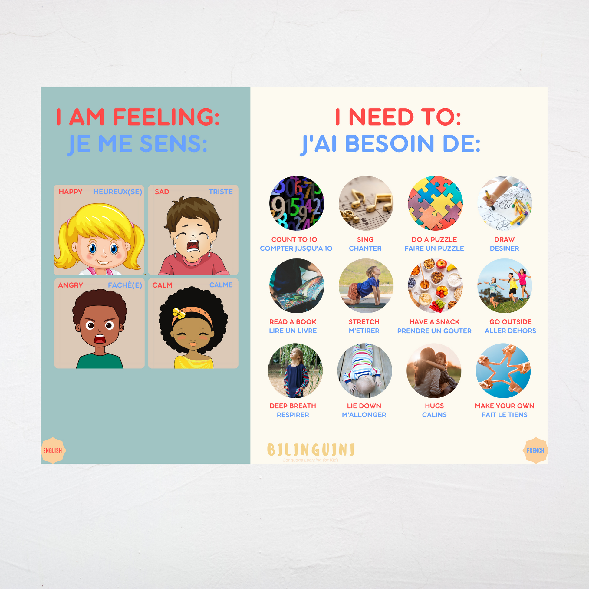 Emotions Poster: French and English with Activities to Help Them Regulate for montessori toddlers